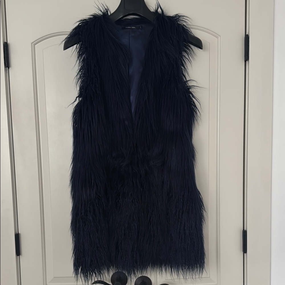 Navy blue shag vest by Lauren Vidal